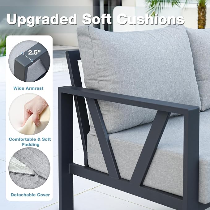 Outdoor Furniture Set, 6 Pieces Outdoor Couch Sectional, L Shaped Metal Patio Corner Sofa with 6” Thick Cushions, Patio Seating Conversation Set, Light Grey