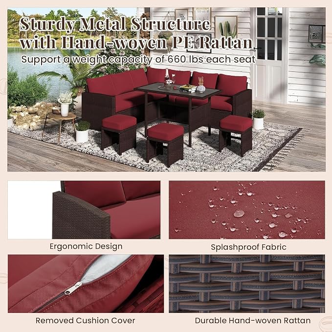 7 Piece Patio Furniture Set with Cover, Outdoor Sectional Sofa Conversation Set Featuring All Weather Wicker Rattan, Dining Table, Chair, Ottoman, Cushions for Porch Deck Backyard Lounge