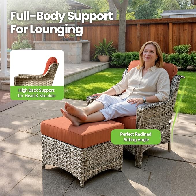 2 Piece Patio Furniture Set, Outdoor Wicker Chairs Set of 2 with Thick Cushion, Heavy Duty High Back Comfortable Chair for Small Balcony Porch Garden, Orange