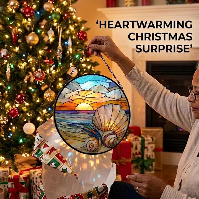 Birthday Gifts for Women - Beach Shell Faux Stained Glass Window Hanging Sun Catcher for Door Garden Acrylic Ocean Decor Mother's Day Christmas for Mom Men Nana Grandma Sisters 9.8"