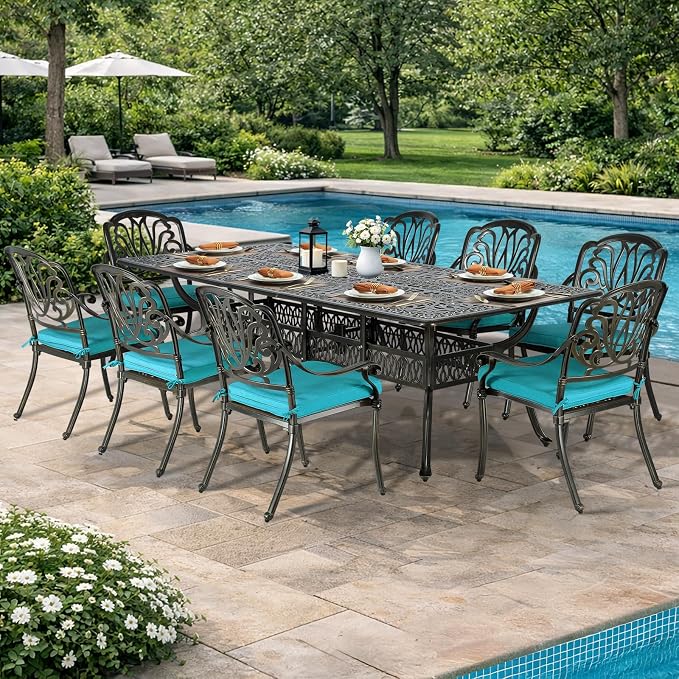 VIVIJASON 9-Piece Outdoor Dining Set, All Weather Cast Aluminum Retro Patio Furniture Table and Chairs Set for 8, Include 94.5" Rectangular Table and 8 Chairs with Umbrella Hole, Ocean Blue Cushion