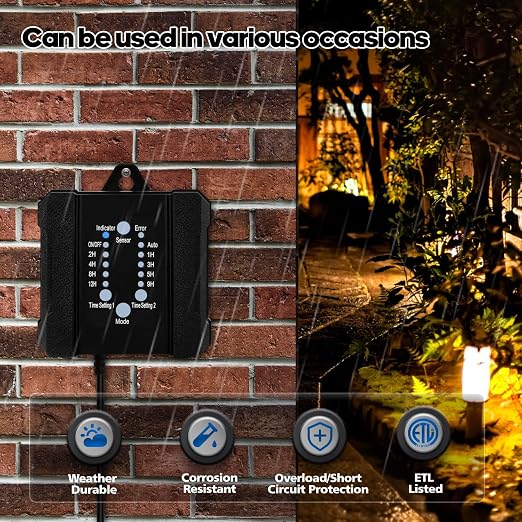 100W Outdoor Low Voltage Transformer with Timer and Photocell Sensor,120V AC to 12V DC Weatherproof for LED Landscape Lighting,Deck Lights,Spotlight, Pathway Light,ETL Listed