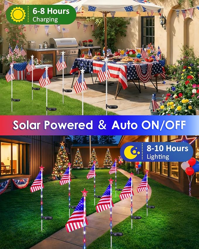 8 Pack American Flag Solar Lights Outdoor, 4th of July Decorations Lights | 2 Modes Red White and Blue Star Lights Waterproof, Solar Patriotic Outdoor for Independence Memorial Day Garden Yard Pathway