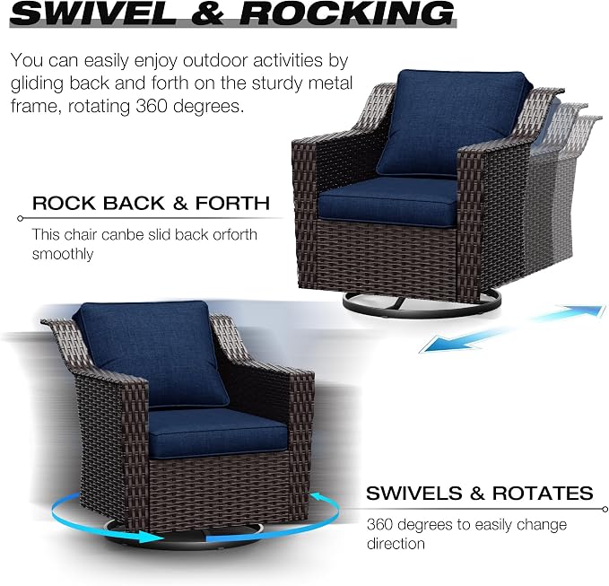 Joyside Wicker Patio Furniture Sets, 7 Pieces Upgraded Large Size Outdoor Furniture with Swivel Rocking Patio Chairs, Two 3-Seat Sofa, Outdoor Ottoman, Thick Cushions, Wide Armrest, Blue