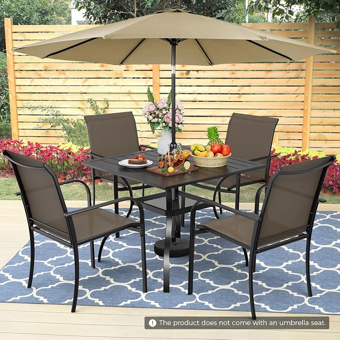 Incbruce 6-Piece Patio Furniture Set with Brown Umbrella, Patio Table and Chairs Set of 4 Textilene Chairs and Square Table with Umbrella Hole for Garden, Deck and Backyard (Brown)