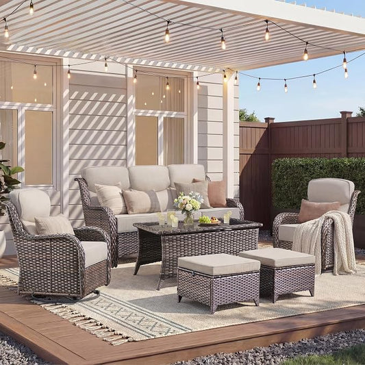 Luxury 6 Pieces Outdoor Patio Furniture Set-All Weather Wicker Outdoor Furniture with Swivel Rocker Patio Chairs 6-inch Extra Thick Cushions Wicker Conversation Set for Deck Garden(Brown/Beige)