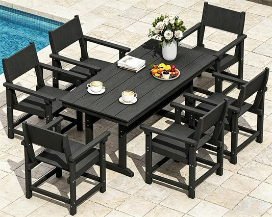 7-Piece HDPE Outdoor Patio Dining Set,Outdoor Table and Chairs,Modern Plastic Dining Sets with Umbrella Hole Cut-Out Table and 6 Chairs Black
