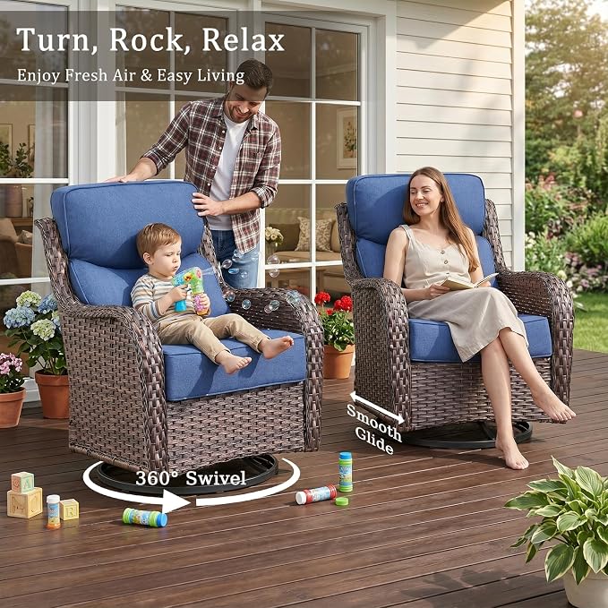 Luxury High Back Outdoor Furniture with 6-Inch Thick Cushions, Patio Furniture Set with Swivel Chairs, 6 PCS Wicker Conversation Set for Porch, Balcony, Deck and Yard