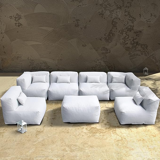 Patio Furniture Set Bean Bag Outdoor Chairs Sectional Conversation Patio Set Daybed Furniture Outdoor Sofa Couch High Density Foam Filling Modern Comfy Patio Couch (Light Gray), A01-7G