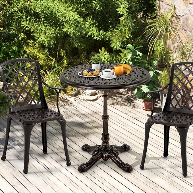 Tangkula 27" Round Cast Aluminum Patio Bistro Table, Weather Resistant Outdoor Dining Table with Hollow Top & Cross Base, Accent Table for Backyard, Garden, Porch, Copper