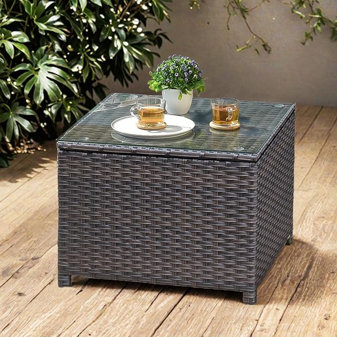 ovios Outdoor Side Table with Tempered Glass Top, Patio Wicker Rattan Coffee End Tables for All-Weather Porch Deck Balcony Garden Poolside (Brown-Medium Size)