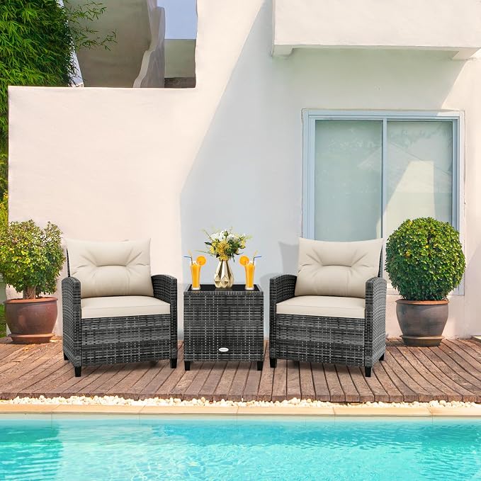HAPPYGRILL 3 Pieces Patio Conversation Set PE Rattan Outdoor Furniture Sofa Set with Removable Cushion, PE Wicker Chairs with Tempered Glass Side Table for Porch Lawn Garden Balcony Backyard