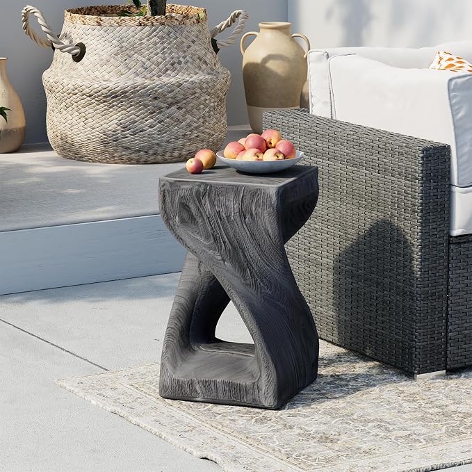 SUNBURY Outdoor Side Table, Big Twist Shape Accent Table, 20" H Patio Faux Concrete End Table, Faux Wooden Garden Stool Log for Patio Garden Balcony Porch, Grey