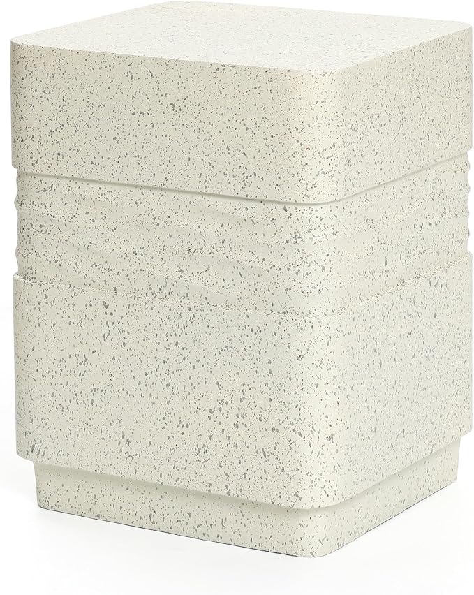 LuxenHome Outdoor Side Table for Patio, Off White with Speckled Gray Square Cement Side Table, 18 Inch End Table for Garden, Outdoor Coffee Table, Garden Stool, Accent Table for Indoor and Outdoor