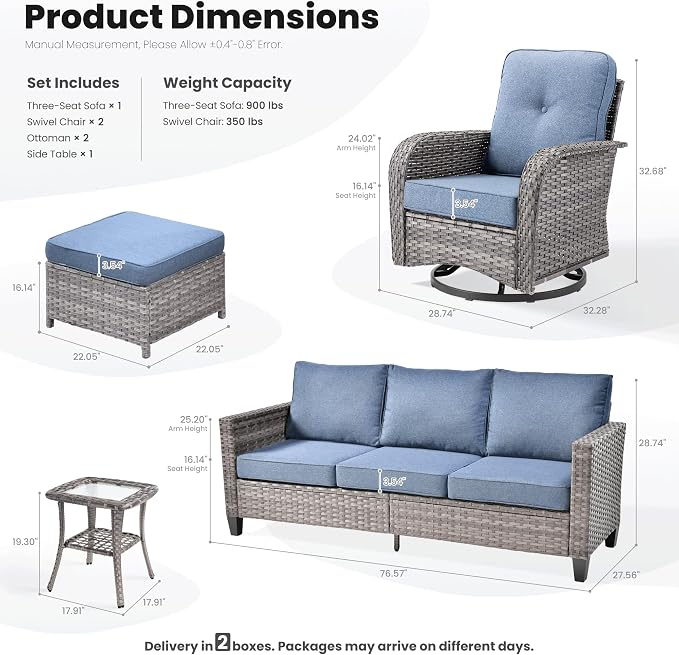 ovios 6 Pieces Patio Furniture Set, Outdoor Wicker Sofa Couch with Swivel Glider Chairs Comfy Cushions, Modern Deep Seat Rattan Conversation Sets for Deck Porch, Denim Blue