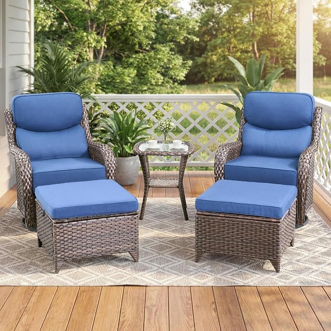 Luxury Swivel Rocker Chairs Set with 6" Thick Cushion 5 piece Wicker Outdoor Swivel Rocker Patio Chair with Ottoman High Back Comfortable Outdoor Patio Furniture Set - Brown | Blue