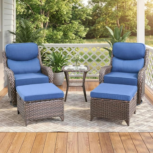 Luxury Swivel Rocker Chairs Set with 6" Thick Cushion 5 piece Wicker Outdoor Swivel Rocker Patio Chair with Ottoman High Back Comfortable Outdoor Patio Furniture Set - Brown | Blue