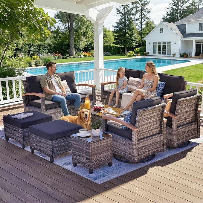 MEISSALIVVE 8 Pieces Patio Furniture Sets,Wicker Patio Conversation Sets with 2 Wood Armrests Swivel Glide Chairs, Outdoor Couch, Loveseat for Deck Yard and Poolside (Black)