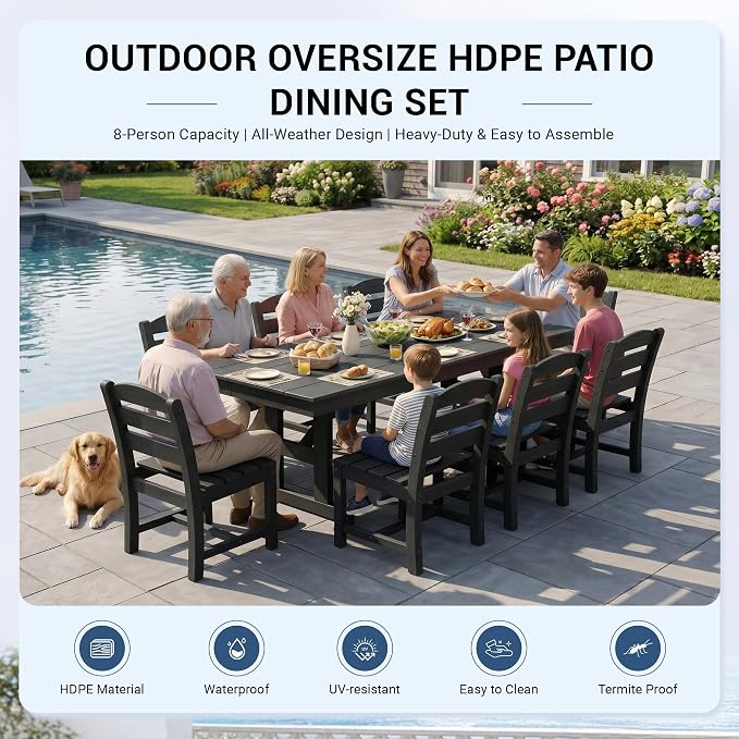 KINGYES Outdoor Armless Dining Chairs Set of 6,All-Weather HDPE Patio Chairs for Backyard,Pooside,Black