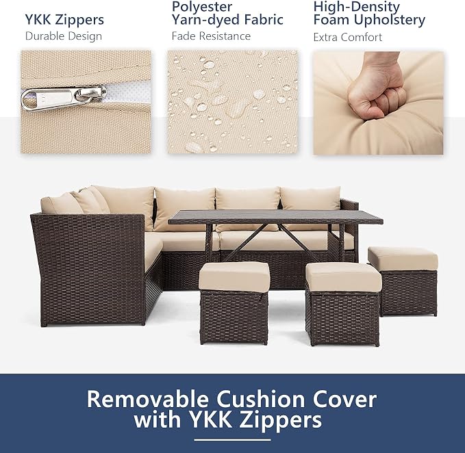 U-MAX 7 Pieces Patio Furniture Set with Waterproof Cover, Outdoor Sectional Sofa Conversation Set, All Weather Wicker Rattan Dining Table & Chair with Ottoman, Brown Rattan&Khaki Cushion