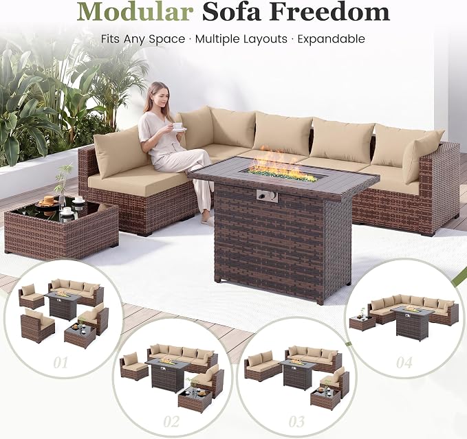 Amopatio 8 Pieces Patio Furniture Set with Fire Pit Table, Outdoor Sectional Conversation Sofa, All-Weather Wicker for Garden, Backyard, Porch, Balcony(Khaki)