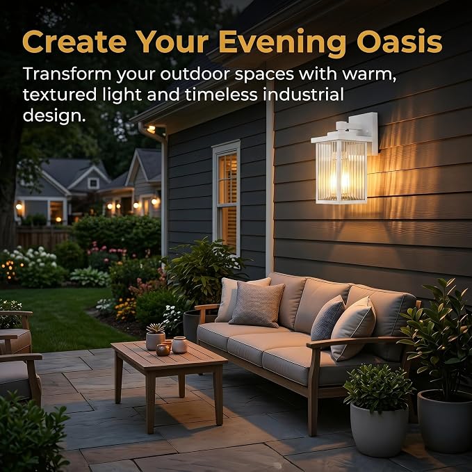 White Porch Light, Waterproof Outdoor Wall Light | Corrosion-Resistant Metal, Textured Glass Cuts Glare, Easy DIY Install on Porch, Garage