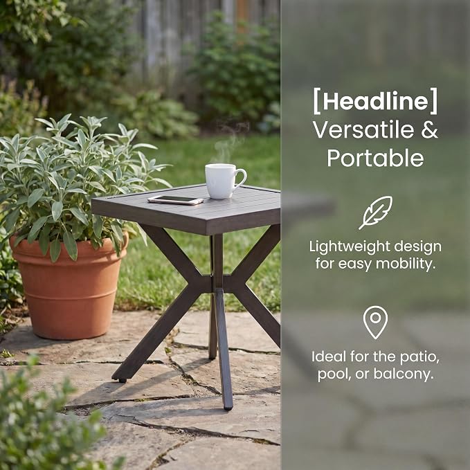 Outdoor Side Table, Aluminum Outdoor Side Table, Patio End Table with Rust-Resistant Frame for Poolside Garden Balcony Lounge Chairs, Grey