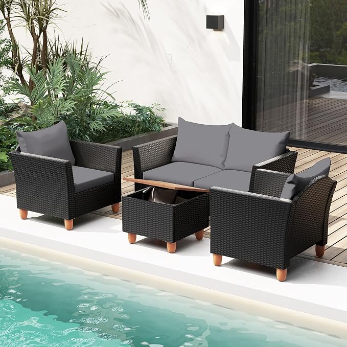 Tangkula 4 Piece Outdoor Conversation Set, Patio Cushioned Chairs w/Storage Coffee Table, Acacia Wood Tabletop & Chair Legs, Patio Wicker Furniture Set for Poolside, Lawn, Porch (1, Gray)