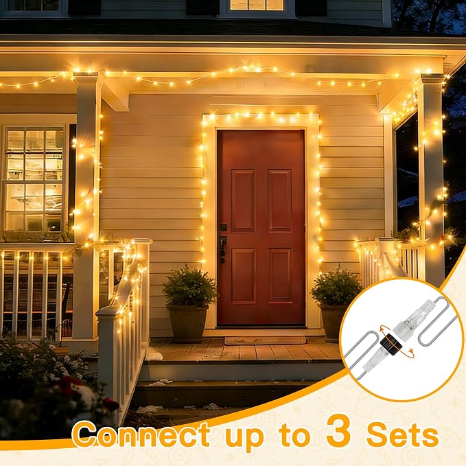 Ollny Christmas Lights 200LED 60FT Indoor, Warm White Connectable Plug in String Light Outdoor, 8 Modes Waterproof Timer LED Fairy Lights for House Outside Bedroom Patio Balcony
