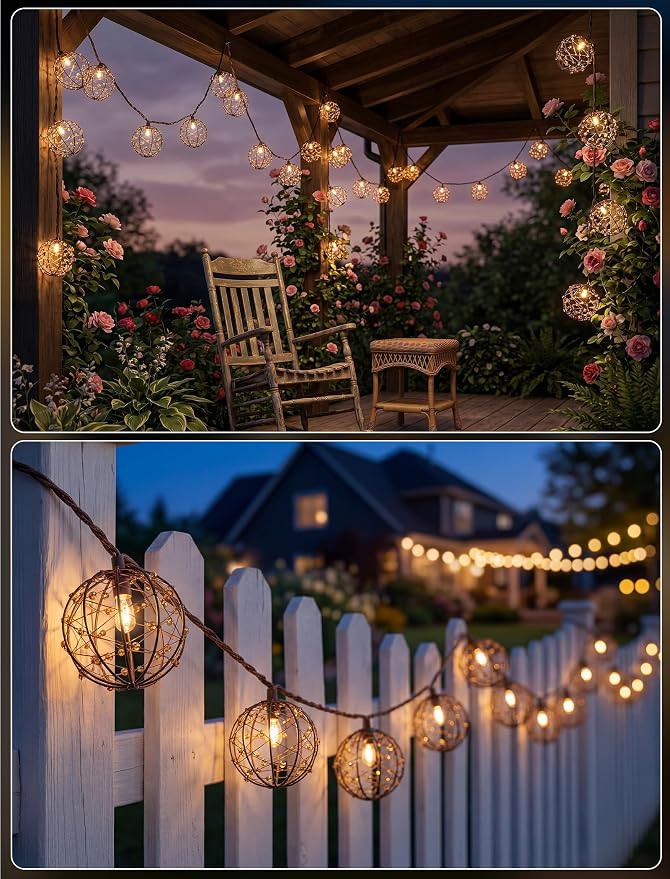 LED Outdoor Patio Lights, Beaded Copper Wire Ball Style Lantern Lights | 10 LED Wire Ball Light, 8.5FT Connectable Boho Lantern String Lights for Yard Garden Bistro Campings Porch Party Backyard