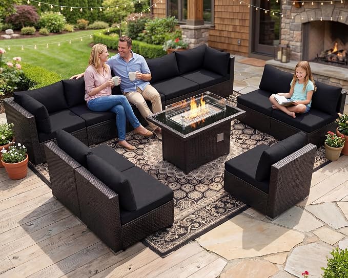 BULEXYARD 11 Piece High Back Wicker Patio Furniture Sets with Fire Pit, Luxury Extra Large Outdoor Seating Set, Comfortable Extra Wide Deep 10-Seater Sectional Couch Sofa for Outside, Brown & Black