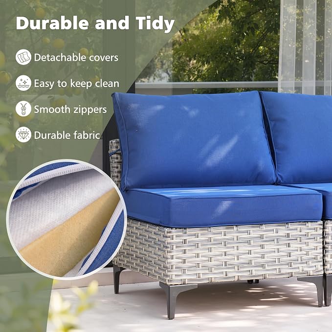 CAODOC Outdoor Sectional Patio Furniture Set,8 Pieces Wicker Conversation Sets L Shaped Couch,Out Door Sofa Outside Furniture with Swivel Chairs,Blue