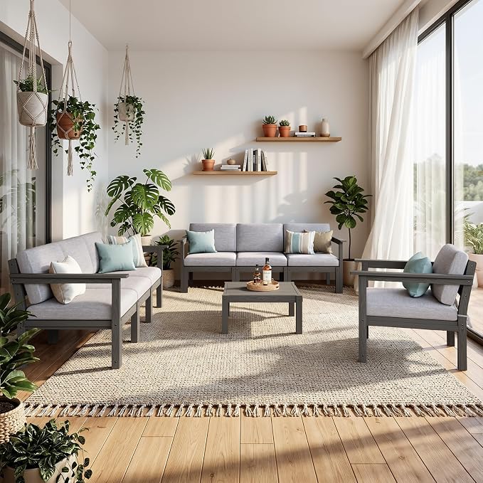 Stoog Modular L-Shaped Sectional Sofa Set, 8-Piece All-Weather Patio Furniture - Waterproof HIPS Frame & Quick-Dry Olefin Cushions, Grey