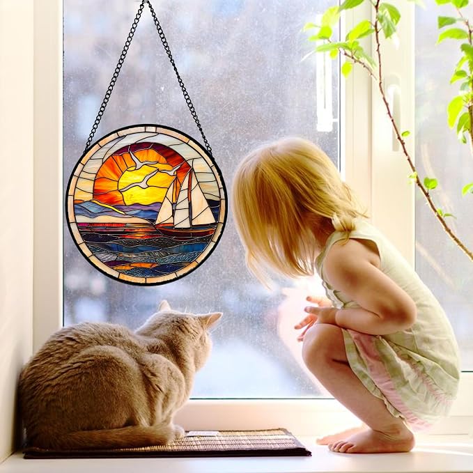 DASTOLL Stained Glass Window Hanging, Sun Ocean Sailboat Seagull Abstract Suncatcher Diamond Glass Panel Sun Catchers Decor for Birthday for Women, Men, Wife, Aunt, and Mom 9.8 in