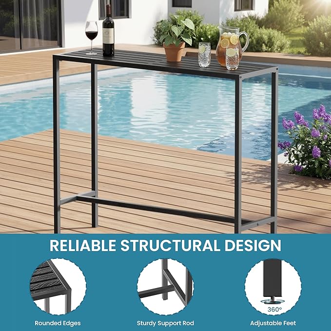 Outdoor Bar Table, 45in Bar Height Table, Black Metal Frame with Weatherproof Top, HDPE Outdoor Furniture for Patio, Hot Tub, Party, Balcony, Indoor