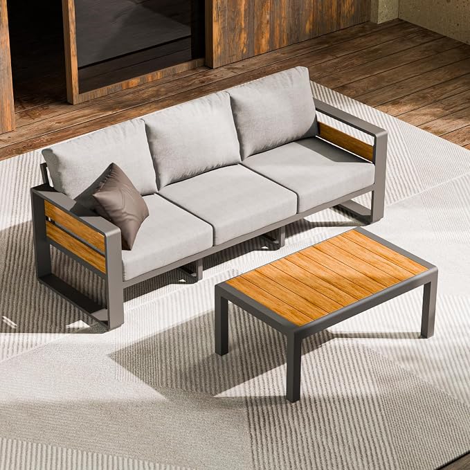 ZANDOR Aluminum Outdoor Patio Furniture - Outdoor Coffee Table, All-Weather Metal Modern Outside Furniture, Rectangle Patio Coffee Table, Garden/Backyard/Porch, Grey