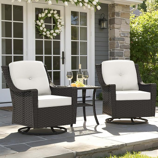 3 Pieces Patio Swivel Chairs & Side Table, Patio Wicker Chairs with Water-Resistant Cushion for Porch Outdoor PE Rattan Furniture Set