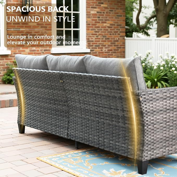 CAODOC 8-Piece Outdoor Wicker Patio Set with 9 Seats, Including 53" Fire Pit - Sectional Sofa and Conversation Set for Backyard or Lawn, Gray Rattan with Waterproof Dark Gray Cushions