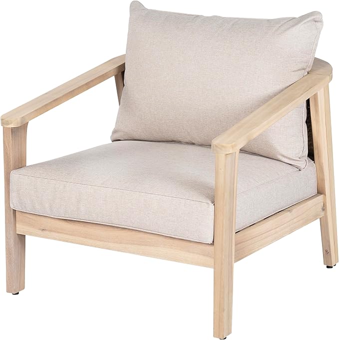 Merax 1 Piece Outdoor Acacia Wood and Wicker Club Chair, Light White Finish with Beige Cushion, Patio Garden Armchair
