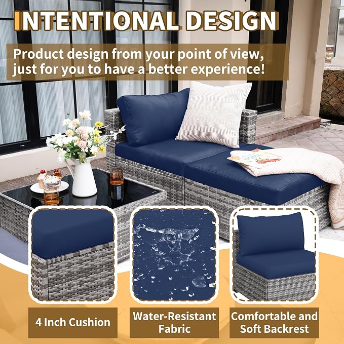 UDPATIO 5 Piece Patio Furniture Set, All-Weather Wicker Outdoor Sectional Sofa, L Shaped Outdoor Conversation Couch with Ottoman, Glass Table for Balcony Porch Backyard, Blue 5PCS