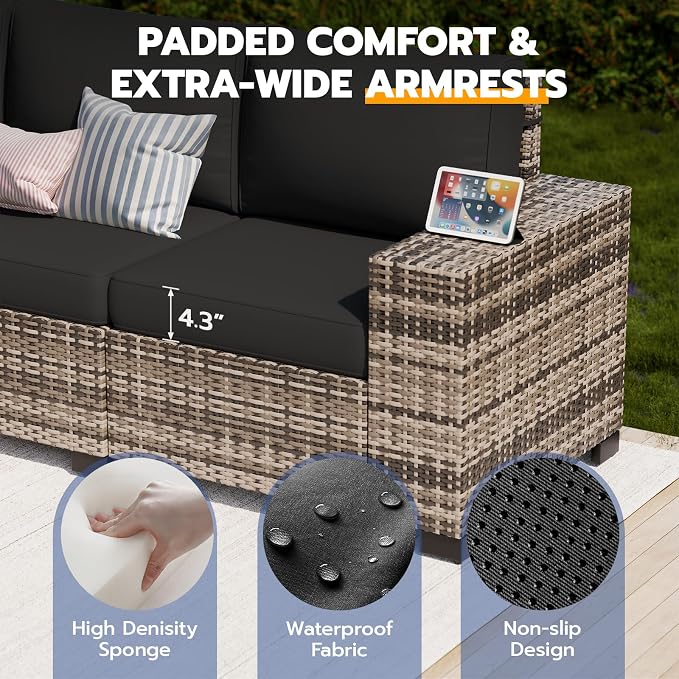 Patio Furniture Set, Wide Armrest Outdoor Furniture Set with 44" Fire Pit Table Thick Cushions, 7 Piece Wicker Rattan Patio Sectional Sofa for Backyard, Poolside, Garden