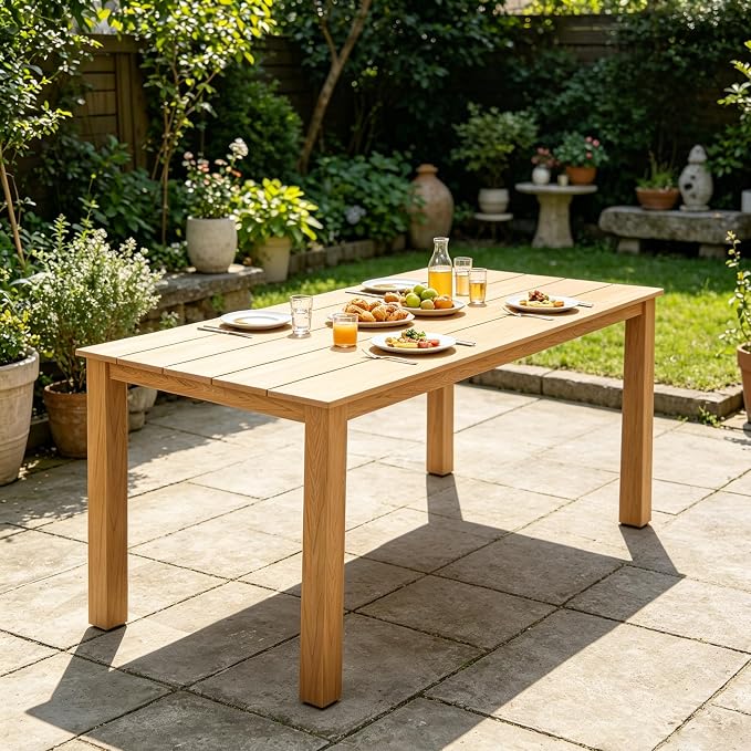 68.9” Outdoor Dining Table, Wooden Patio Table, Outdoor Furniture with Umbrella Hole, 6 Seater Outside Table for for Garden, Poolside & Backyard,BBQ ect. (Teak Color)