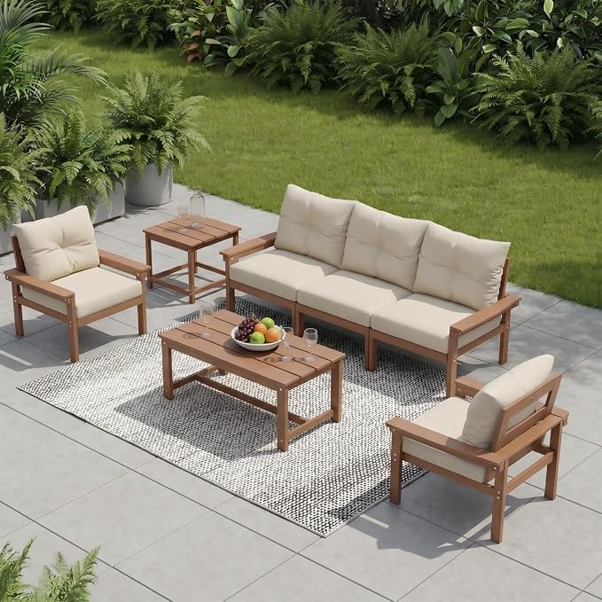HDPE 4 Piece Patio Furniture Set, All-Weather Outdoor Couch with Thick Cushions & Coffee Table & Side Table, Patio Conversation Sets for Lawn, Garden, Porch, Balcony, Deck, Poolside,Teak Beige