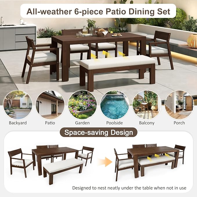 RUNNA Patio Dining Table Set for 6,Outdoor Furniture Sets with Umbrella Hole,71" Rectangular Table,Chairs and Bench with Removable Cushions for Backyard,Garden,Poolside (Beige+Mocha#28)