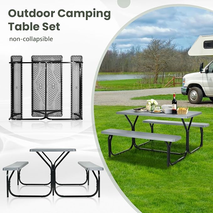 Picnic Table, Camping Portable Picnic Table Bench Set for 4 Persons, Heavy-Duty Steel Frame & Resin Tabletop, All Weather Outdoor Picnic Tables for Patio Travel BBQ Party Garden (Grey)