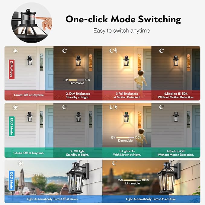 VIANIS Motion Sensor Outdoor Lighting, Outdoor Wall Lights Wall Mount with Clear Glass, Black Dusk to Dawn Garage Light Sconce, Waterproof Exterior Lights for House, Brightness Distance Adjustable