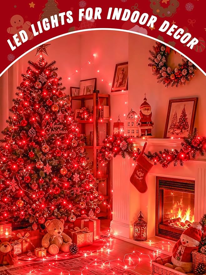2 Pack 100 LED Fairy Lights Battery Operated with Remote Timer, 33 FT Red | Cuttable, 8 Modes, Memory, Dimmable, IP44 Waterproof Battery String Lights for Indoor Outdoor, Wedding, Christmas Decorations
