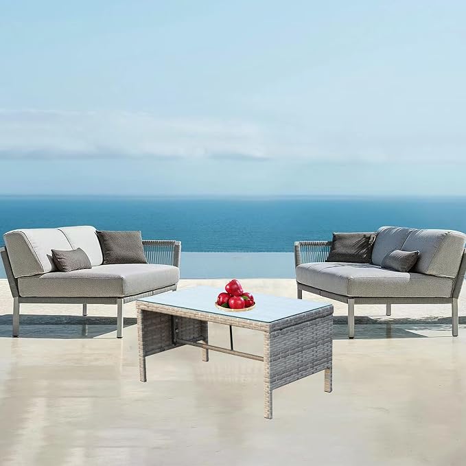 31.1" Outdoor Patio Side Table – Low Rectangle Coffee Table with Tempered Glass Top, Outdoor Wicker End Table for Backyard Deck Patio, 180 lbs Capacity, Grey