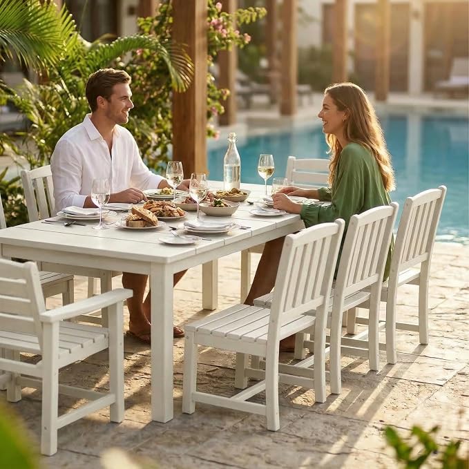 Kingdura 9 Piece Patio Dining Set for 8, 75.2'' HDPE Outdoor Dining Table Set with 2" Umbrella Hole, Weather-Resistant Outdoor Furniture, Table and Chairs Set for Backyard Pool Garden, White
