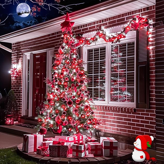 JMEXSUSS 2 Pack Solar Fairy Lights, Each 33FT 100 LED, Red and White | Outdoor Waterproof, 8 Modes Copper Wire Solar String Lights for Outside Patio Garden Yard Christmas Decorations